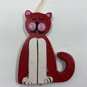 Vintage Hand-Painted Red Wooden Cat Ornament Decorative Ornament